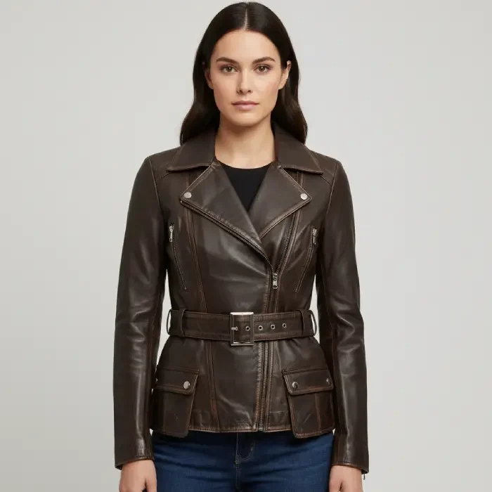 Womens Distressed Brown Long Biker Style Leather Jacket front Dark Brown Leather Jacket front