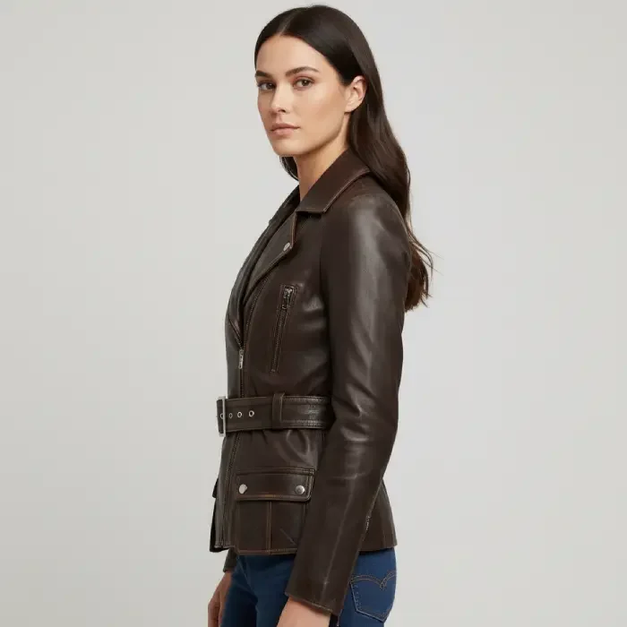 Womens Distressed Brown Long Biker Style Leather Jacket side Dark Brown Leather Jacket side