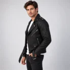 Men's Black Leather-Look Biker Jacket Side Pose