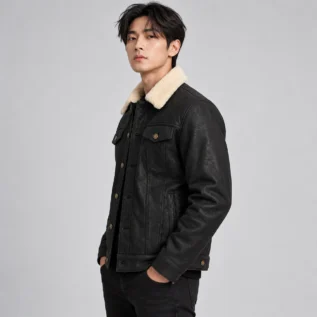 Men's Black Leather-Look Trucker Jacket Side Pose