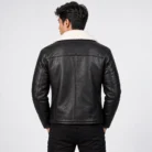 Black Leather Shearling Biker Jacket Back Pose