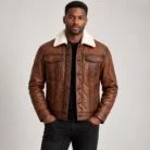 Men's Cognac Brown Leather-Look Trucker Jacket Front Pose