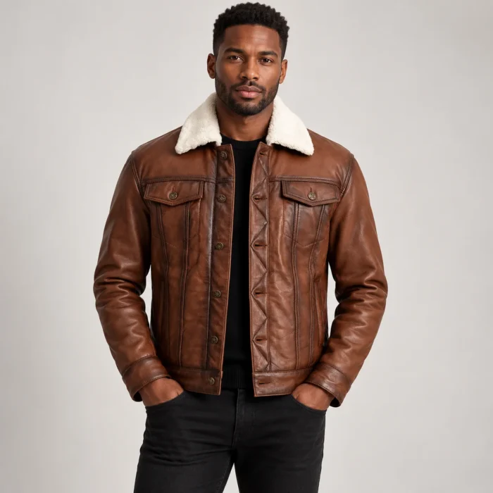 Men's Cognac Brown Leather-Look Trucker Jacket Front Pose