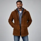 Brown Suede Hooded Coat Front Pose