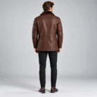 Brown Leather Coat with Fur Collar Back Pose