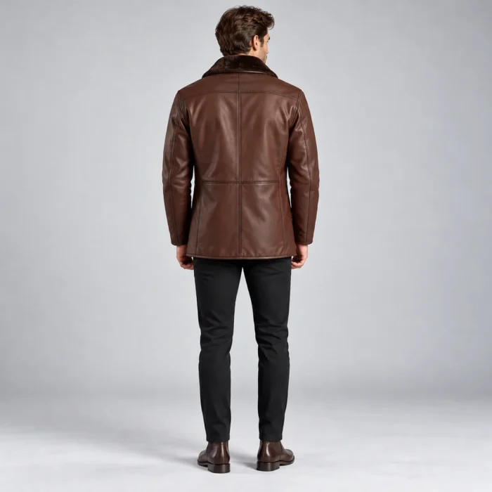 227bad3a-baf7-4f88-99d0-2010599e6439 Brown Leather Coat with Fur Collar Back Pose