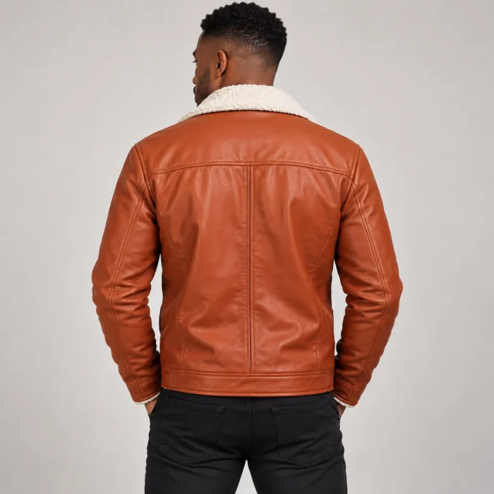 Men's Cognac Brown Leather-Look Jacket Back Pose