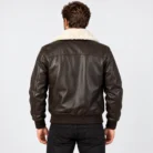 Dark Brown Leather Bomber Jacket Back Pose