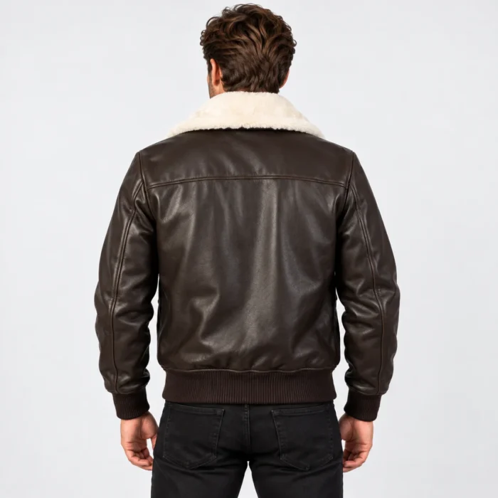 2bfd9d98-273b-4559-80e2-3a08d8c9ed27 Dark Brown Leather Bomber Jacket Back Pose