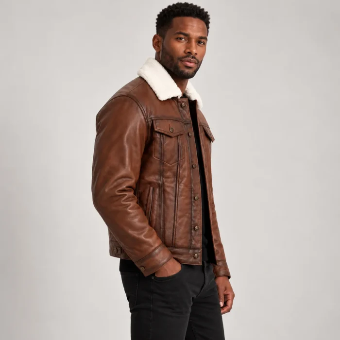 Men's Cognac Brown Leather-Look Trucker Jacket Side Pose