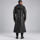 Men's Black Leather-Look Hooded Trench Coat Back Pose