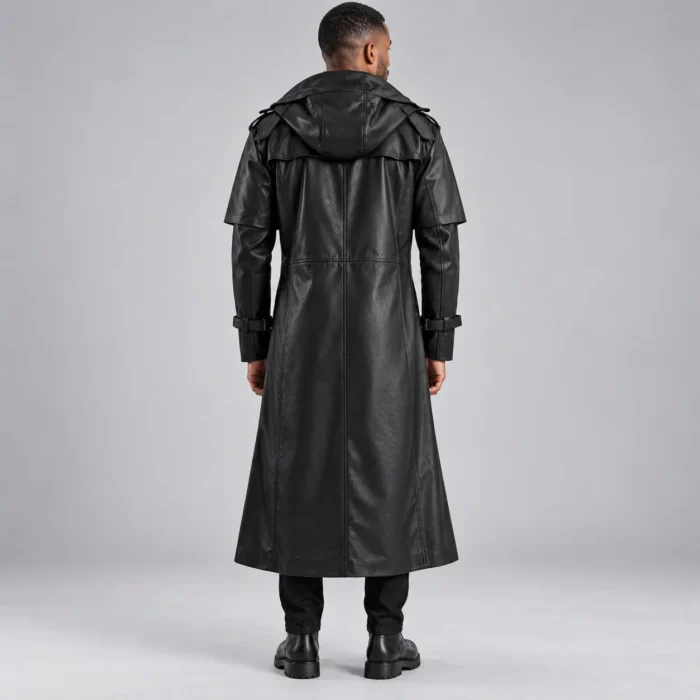 2ff75ea3-b297-4968-949f-612ac43dc073 Men's Black Leather-Look Hooded Trench Coat Back Pose