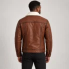 Men's Cognac Brown Leather-Look Trucker Jacket Back Pose