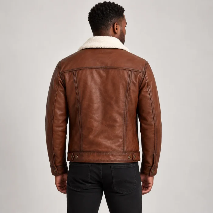 Men's Cognac Brown Leather-Look Trucker Jacket Back Pose