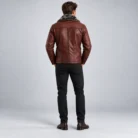 Men's Burgundy Brown Leather-Look Winter Jacket Back Pose