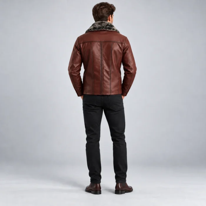Men's Burgundy Brown Leather-Look Winter Jacket Back Pose