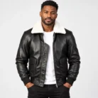 Black Leather Bomber Jacket Front Pose