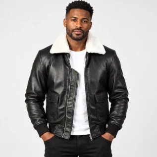 Black Leather Bomber Jacket Front Pose