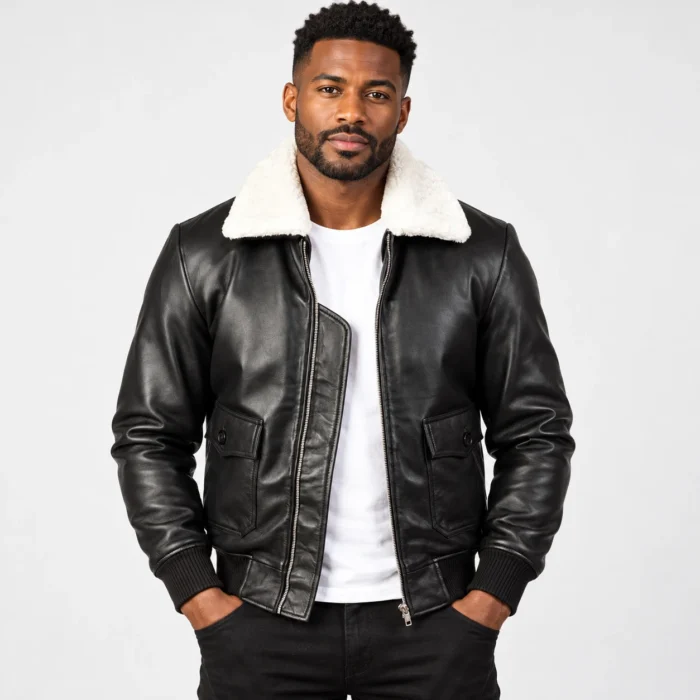 Black Leather Bomber Jacket Front Pose