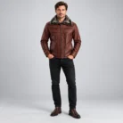 Men's Burgundy Brown Leather-Look Winter Jacket Front Pose