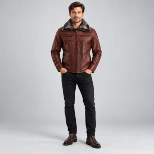 Men's Burgundy Brown Leather-Look Winter Jacket Front Pose
