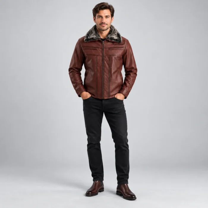 Men's Burgundy Brown Leather-Look Winter Jacket Front Pose