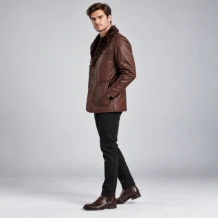 Brown Leather Coat with Fur Collar Side Pose