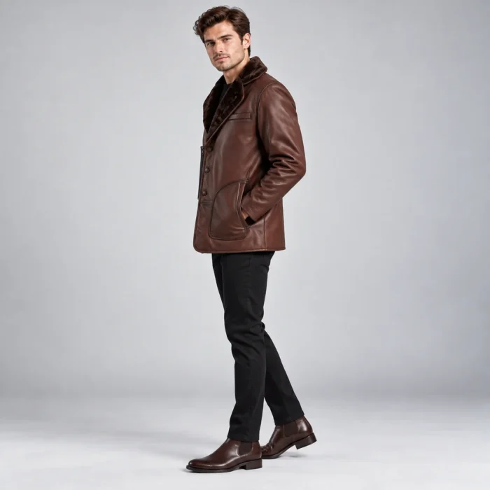 429b76ea-df85-4e7f-bf14-90fdbd56a9cd Brown Leather Coat with Fur Collar Side Pose