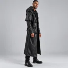 Men's Black Leather-Look Hooded Trench Coat Side Pose