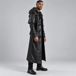 Men's Black Leather-Look Hooded Trench Coat Side Pose