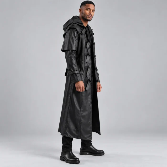 438f05af-0be9-4305-94e4-e7715fb93e10 Men's Black Leather-Look Hooded Trench Coat Side Pose
