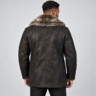 Men's Charcoal Leather-Look Winter Coat Back Pose