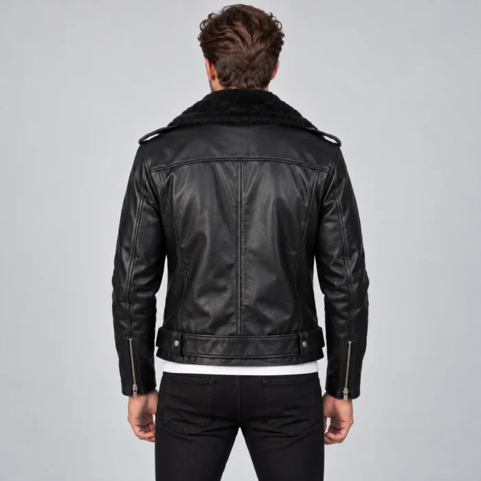 Black Leather Biker Jacket Back pose
