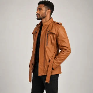 Men's Cognac Brown Leather-Look Belted Field Jacket Side Pose