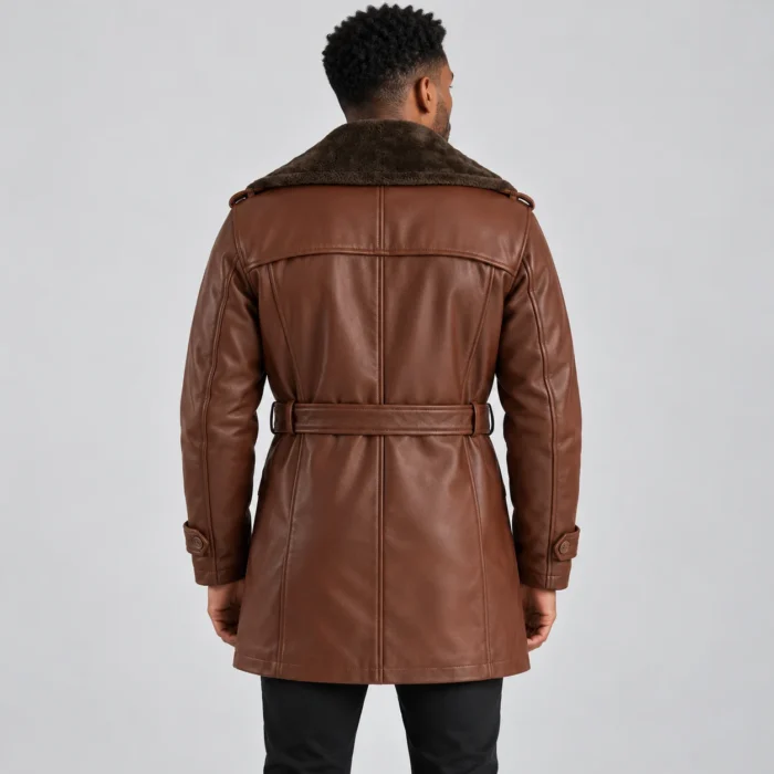 Men's Brown Leather-Look Coat Back Pose