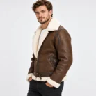 Brown Shearling Aviator Jacket Side Pose