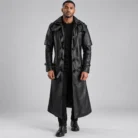 Men's Black Leather-Look Hooded Trench Coat Front Pose