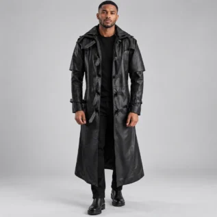 Men's Black Leather-Look Hooded Trench Coat Front Pose