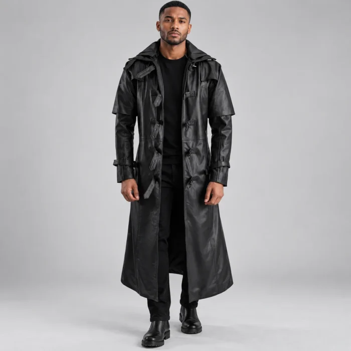 55835858-1ac4-4662-a603-d66de5aed61a Men's Black Leather-Look Hooded Trench Coat Front Pose