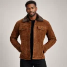 Men's Cognac Brown Suede-Look Trucker Jacket Front Pose