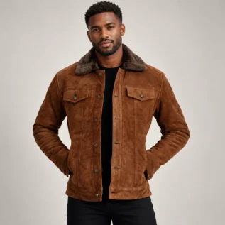 Men's Cognac Brown Suede-Look Trucker Jacket Front Pose