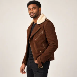 Men's Dark Brown Suede-Look Biker Jacket Side Pose