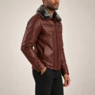 Men's Burgundy Leather-Look Jacket Side Pose