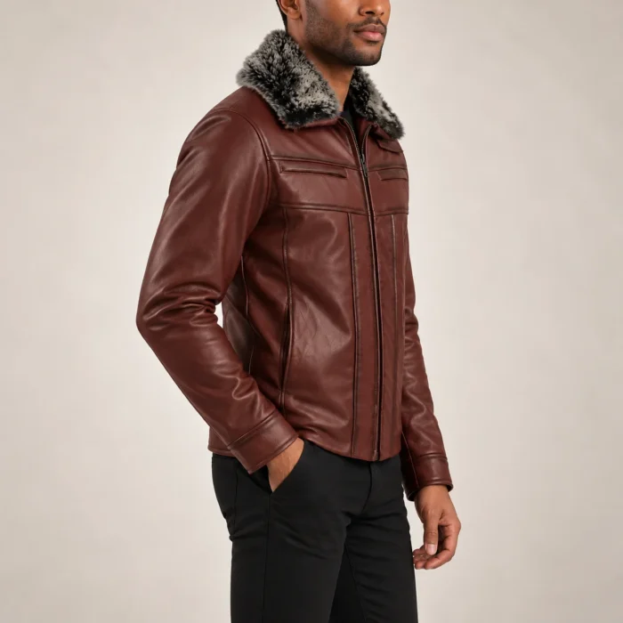 612b15fa-db44-4ff0-b202-7f5ce5ea107f Men's Burgundy Leather-Look Jacket Side Pose