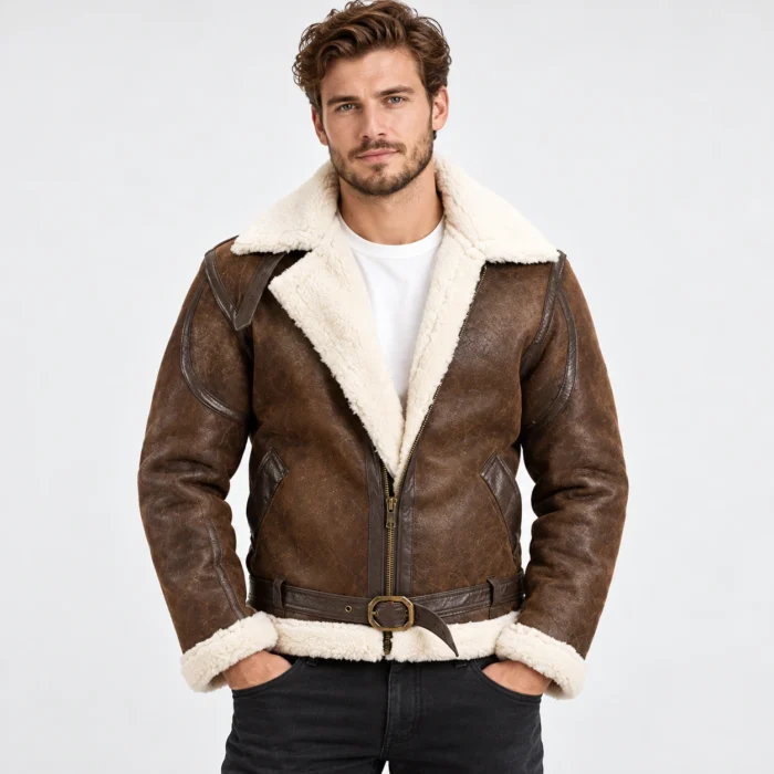 Brown Shearling Aviator Jacket Front Pose