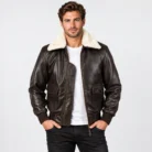Dark Brown Leather Bomber Jacket Front Pose