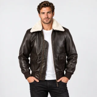 Dark Brown Leather Bomber Jacket Front Pose