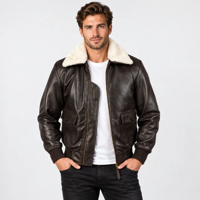 668c7ae1-3b1f-461d-9dc7-2e98c1332a27 Dark Brown Leather Bomber Jacket Front Pose