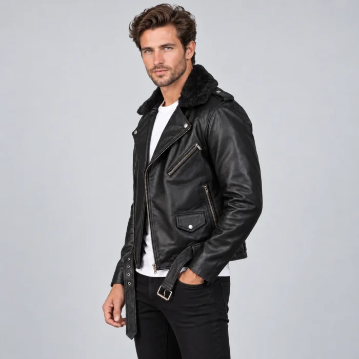Black Leather Biker Jacket Side Pose