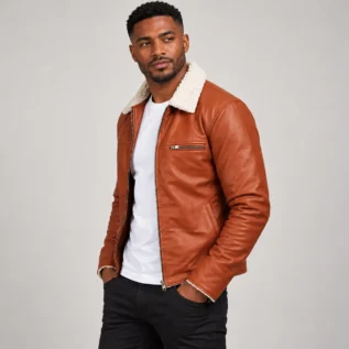 Men's Cognac Brown Leather-Look Jacket Side Pose